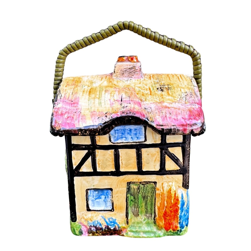 Royal Winton Olde English Ceramic English Cottage House Jar Wicker Handle 1930s